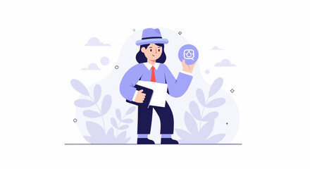 Illustrated figure in hat, shirt, tie, and pants holds folder, offering a circular icon