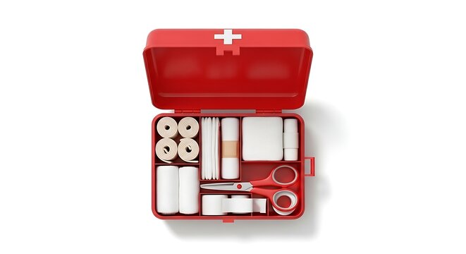 Open red first aid kit filled with medical supplies and bandages on white background