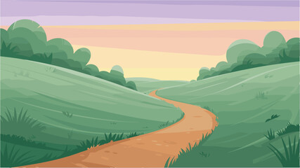 Fototapeta premium Winding dirt road through green rolling hills with bushes under colorful sunset sky cartoon illustration