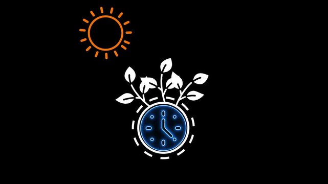 Glowing blue clock with plant leaves and sun symbol on black background for time management and nature concept