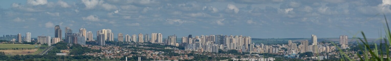 Obraz premium Close-up of green sugarcane field with Ribeirao Preto city skyline in the background