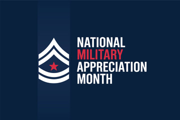 National Military Appreciation Month Poster with Sergeant Rank Insignia and Red Star on Dark Blue Background for Veteran Recognition