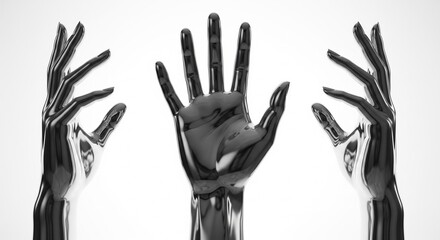 Fototapeta premium Three hands raised in gesture, metal arms extended, close-up view