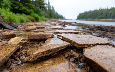 Tranquil Shoreline Scene at Dawn with Wet Stones and Lush Green Surroundings