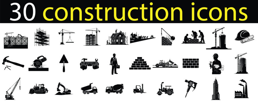Collection of 30 black and white construction icons