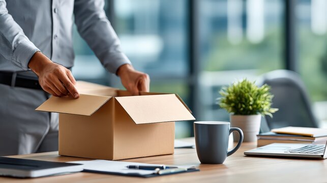 Man Opening Cardboard Box on an Office Desk in a Modern Workspace