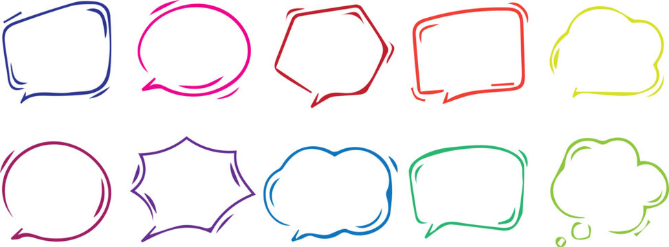 A collection of colorful speech bubbles in various shapes and sizes on a white background for creative and communicative use