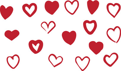 A collection of red and white hearts on a white background for valentine's day or love themed designs and decorations
