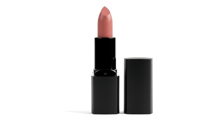A black lipstick tube with a nude colored lipstick and its accompanying cap neatly arranged on white background. on white background