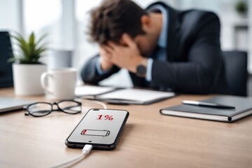 Man With Low Battery Smartphone At Office Desk