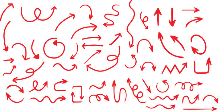 A collection of red squiggly arrows and abstract shapes on a white background forming a visually dynamic and chaotic pattern