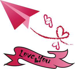 Obraz premium A pink paper airplane with hearts and a love banner