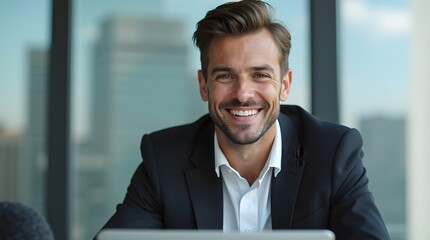 Fototapeta premium Smiling Caucasian man in a suit, exuding confidence while working on a laptop in a modern office setting.