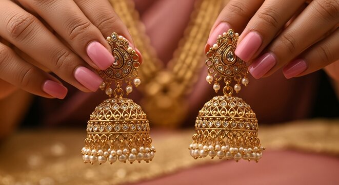 Hands holding golden jhumka earrings with intricate designs and pink nails close-up