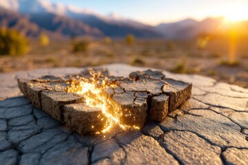 Fototapeta premium Luminous Cracked Earth on Arid Plateau at Sunset with Mountains in Background