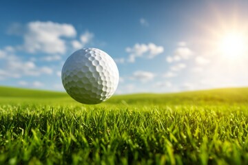 Obraz premium Golf Ball in Air Over Lush Green Course with Bright Sunshine