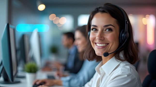Smiling Caucasian woman in a headset, providing customer support in a modern office environment.