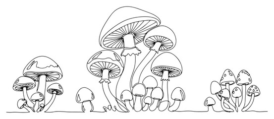 Obraz premium Single line art drawing of different types of forest mushrooms and fungi
