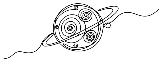 Minimalist continuous line drawing of planet Saturn with rings and decorative spiral patterns © InsomniaVideo
