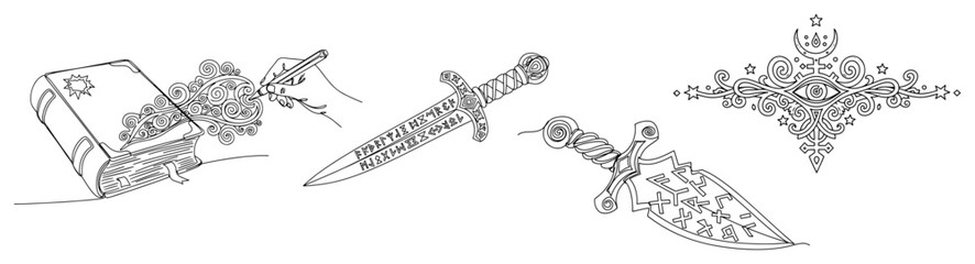 Set of magic fantasy items including a spell book feather pen and ornate runic daggers © InsomniaVideo