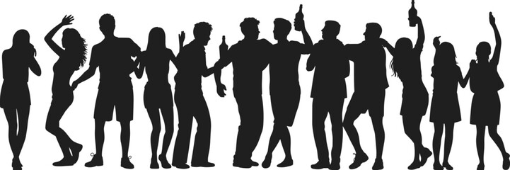 Black silhouettes of people partying and dancing isolated on white background, group celebrating with drinks, energetic nightlife and social gathering.