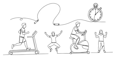 Continuous line art showing people exercising with treadmill jump rope and stationary bike © InsomniaVideo