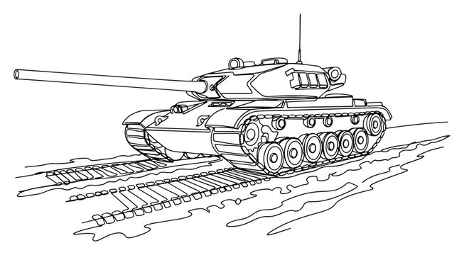 Simple line art vector illustration of a modern military tank driving on a dirt road