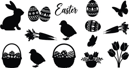 Easter silhouette graphics with bunny eggs and spring flowers © mdkamran