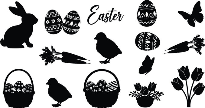 Easter silhouette graphics with bunny eggs and spring flowers