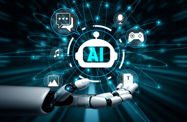 Futuristic Concepts of Artificial Intelligence with Robotic Hand and Communication Icons...