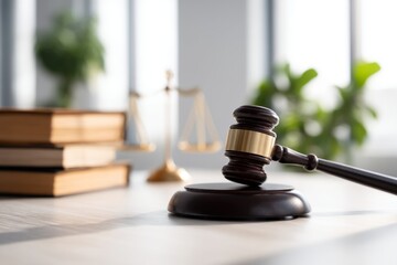 Fototapeta premium Justice System Lacking Human Faces in Low Angle Shot of Gavel and Scales