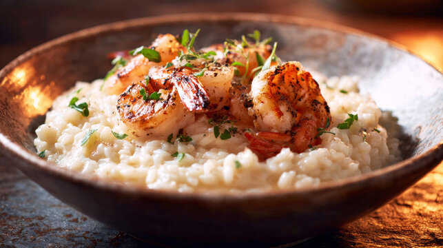 Appetizing creamy risotto dish garnishing grilled shrimp and herbs, a gourmet seafood presentation for restaurants and culinary concepts
