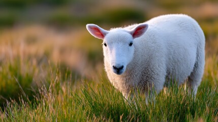 Obraz premium Sheep uses its tongue to drink dew from the grass on a sunny morning
