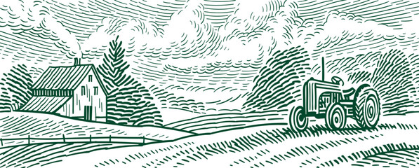 paddy field art tractor illustration abstract farm road © Miya Creations