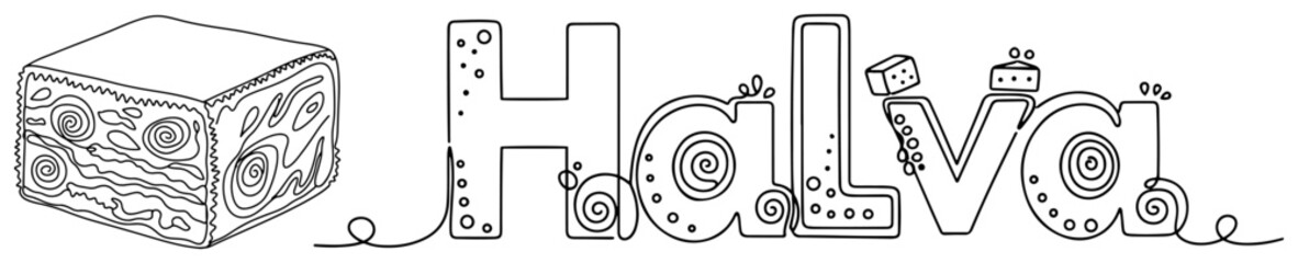 Continuous line drawing of a piece of halva dessert with decorative typography text © InsomniaVideo