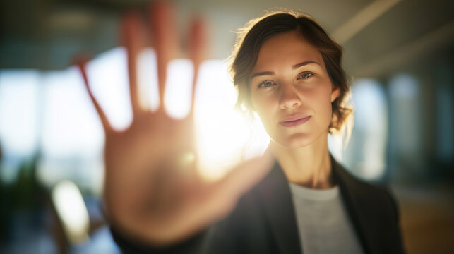 Business professional extending her hand, creating a soft focus barrier, symbolizing protection, privacy, control, and personal space