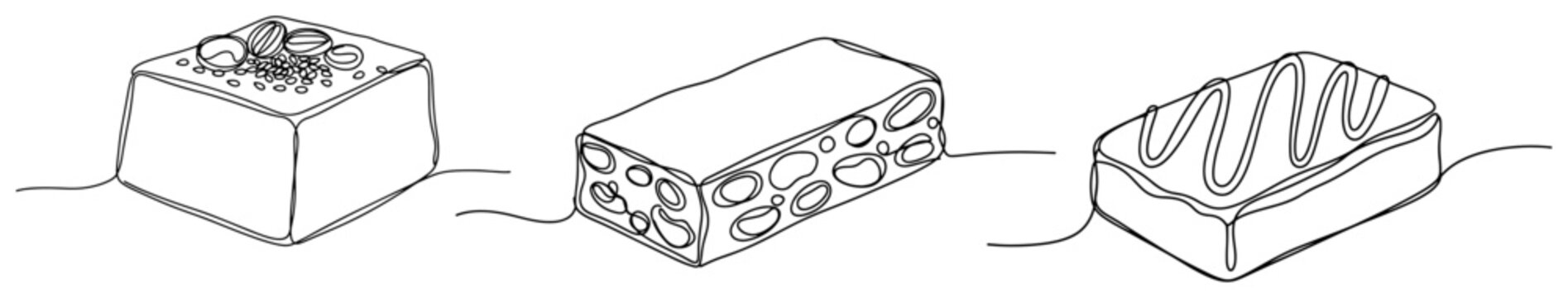 One line drawing of various sweets including chocolate praline nougat and candy bar