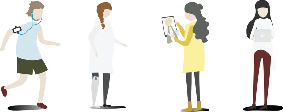 Illustrative representation of people interacting with digital devices, showcasing modern work habits, mobile communication, and the ubiquitous presence of technology