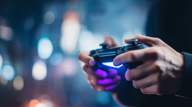 Gamer hands navigating virtual worlds, holding illuminated controller during intense video game play