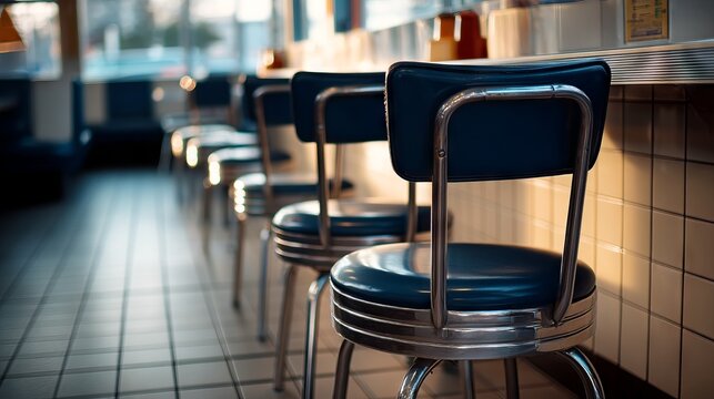 Nostalgic Cafeteria Scene with Navy Blue Chairs and Light Beige Accents
