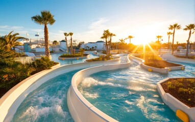 Fototapeta premium Serene Evening at Water Park featuring Swirling Tubes and Lush Palms