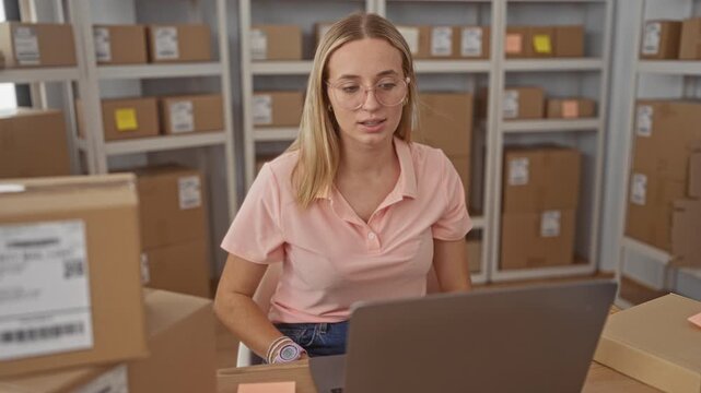 Woman writing sticky note by laptop among stacked cardboard boxes in a packing building; focused productivity.