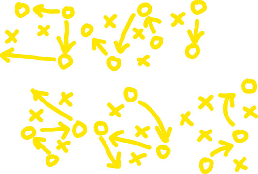 Yellow hand drawn strategy diagram with arrows, X and O symbols. Playbook tactic concept for sports coaching, teamwork planning, and business strategy.