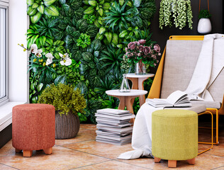 Fototapeta premium Large illustration 3D rendering luxury modern bright interiors Living room mockup with Couch and Ceiling Fan Ventilation