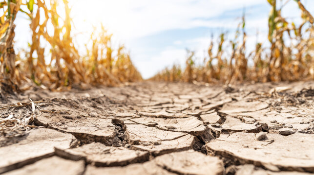 Cracked dry soil in extreme drought affecting a corn field, showing impacts of global warming and water shortage