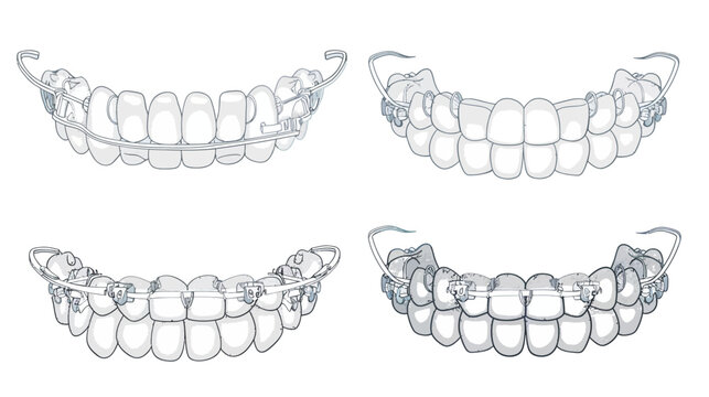 Dental illustrations showcasing various teeth alignment methods including retainers and braces