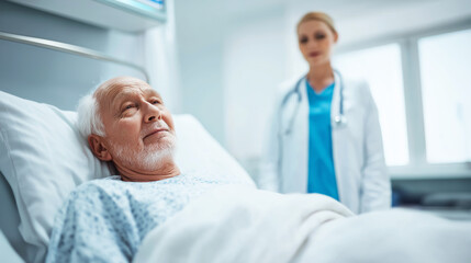 Fototapeta premium Elderly patient resting in modern hospital bed, female doctor providing medical assistance and compassion