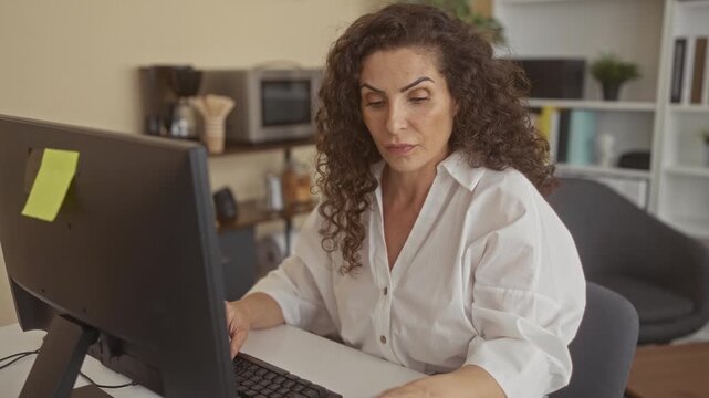 Woman in white blouse holding smartphone while typing at desktop computer in bright office space; concern deadline pressure.