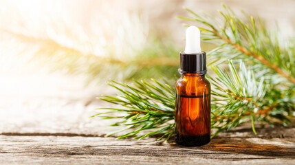 Fototapeta premium Essential oil bottle with dropper on rustic wood, pine needle background, natural alternative medicine concept