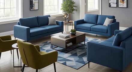 Fototapeta premium Modern living room with blue sofas and yellow chairs
